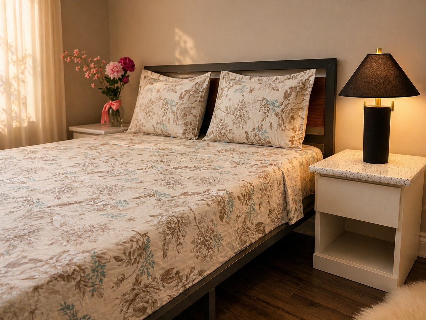 Bedroom with floral bedding, pillows, and a nightstand with a lamp.
