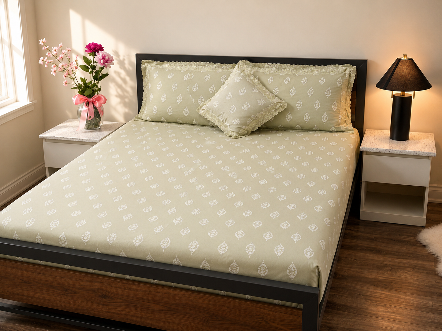 Sea green Leaf - 100% Cotton Bedsheet Set