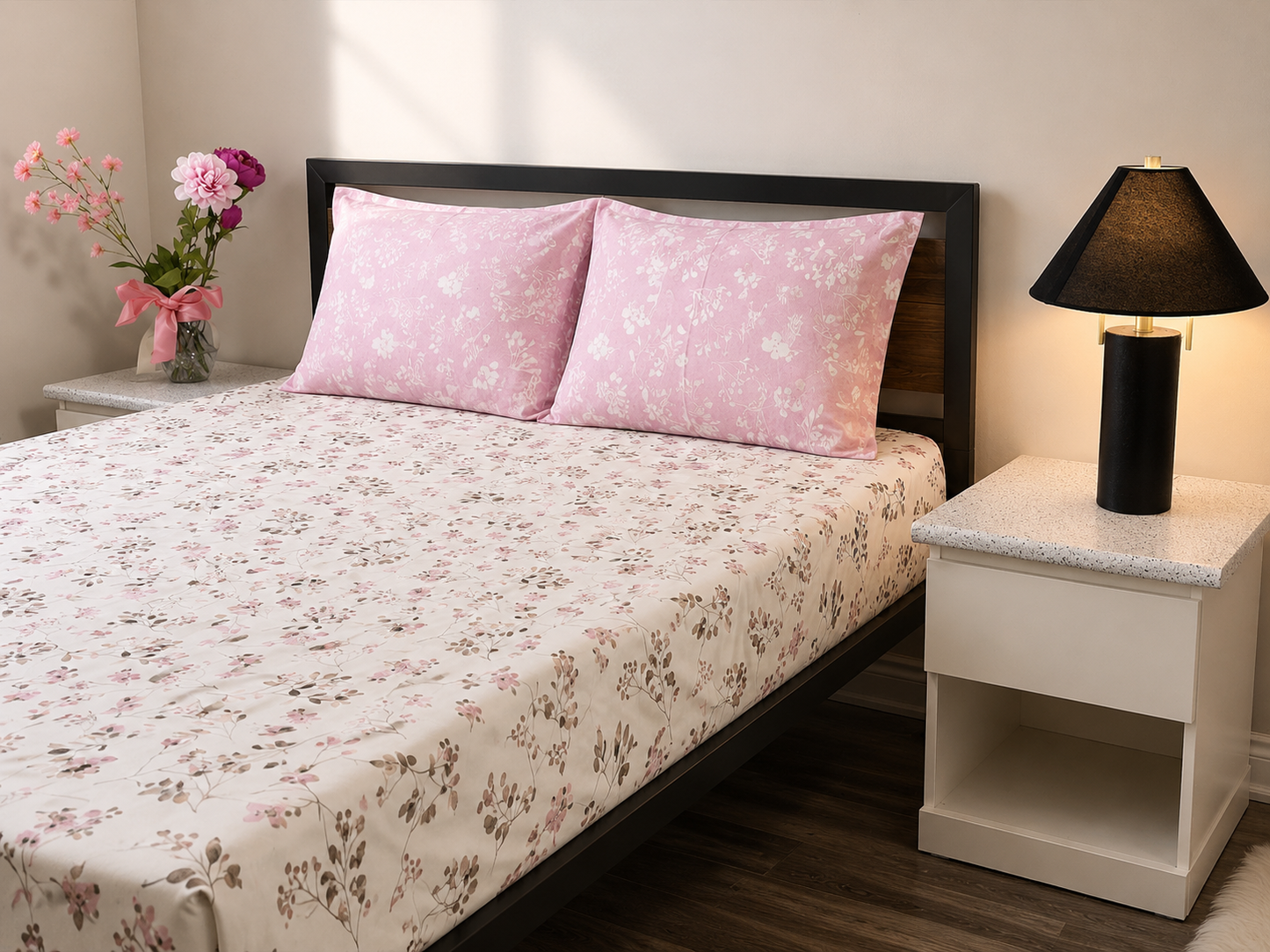 Pink Leaf - 100% Cotton Bedsheet Set