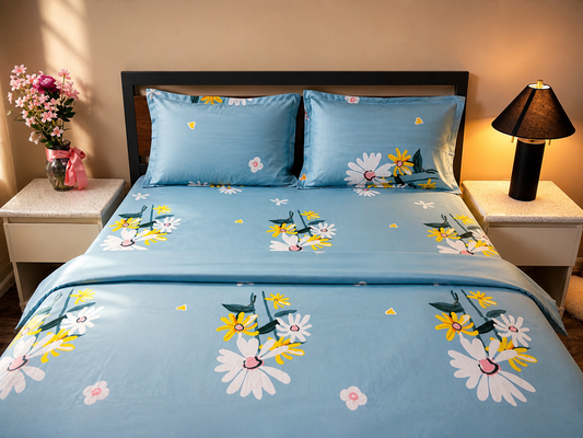 Bed with floral bedding in a bedroom setting with a lamp and flowers on a nightstand.