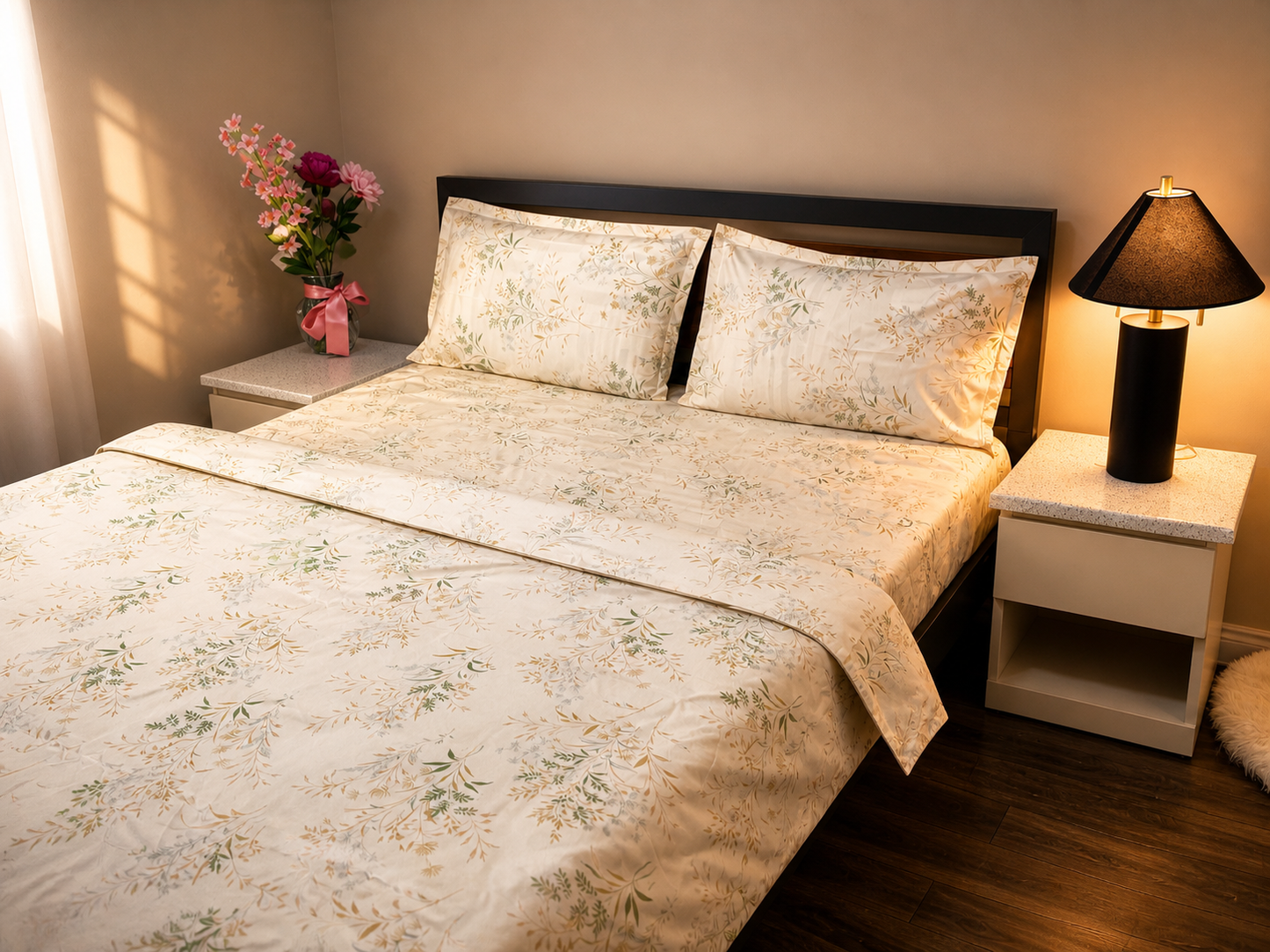 Bedroom with a bed featuring floral bedding, two nightstands with lamps, and a vase of flowers.