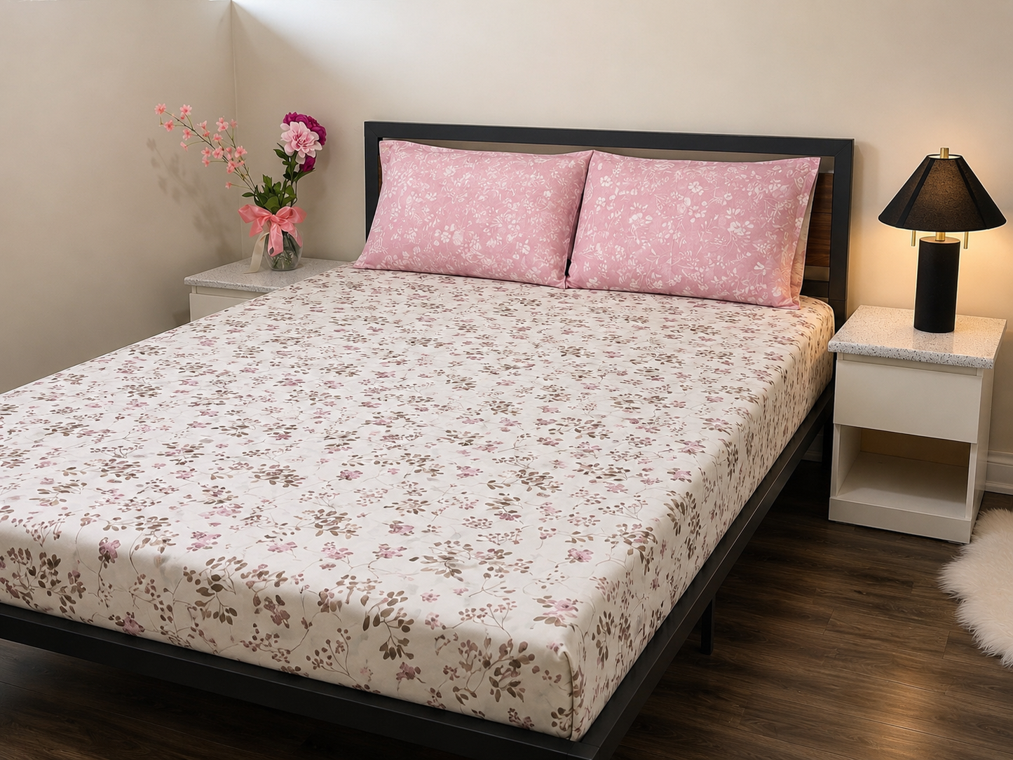 Pink Leaf - 100% Cotton Bedsheet Set