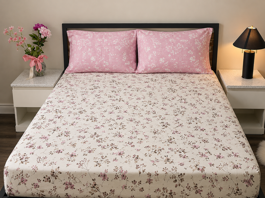 Pink Leaf - 100% Cotton Bedsheet Set