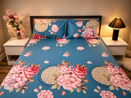 Floral bedspread on a bed with matching pillows and nightstands in a bedroom setting.