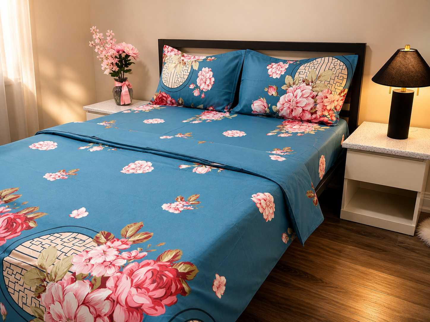 Floral bedspread on a bed with matching pillows in a bedroom setting.