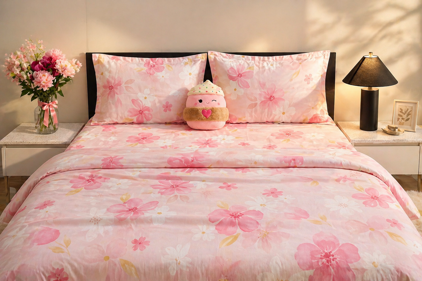Floral Pink Cotton Queen Bedsheet Set Front | Kozi Nest Canada