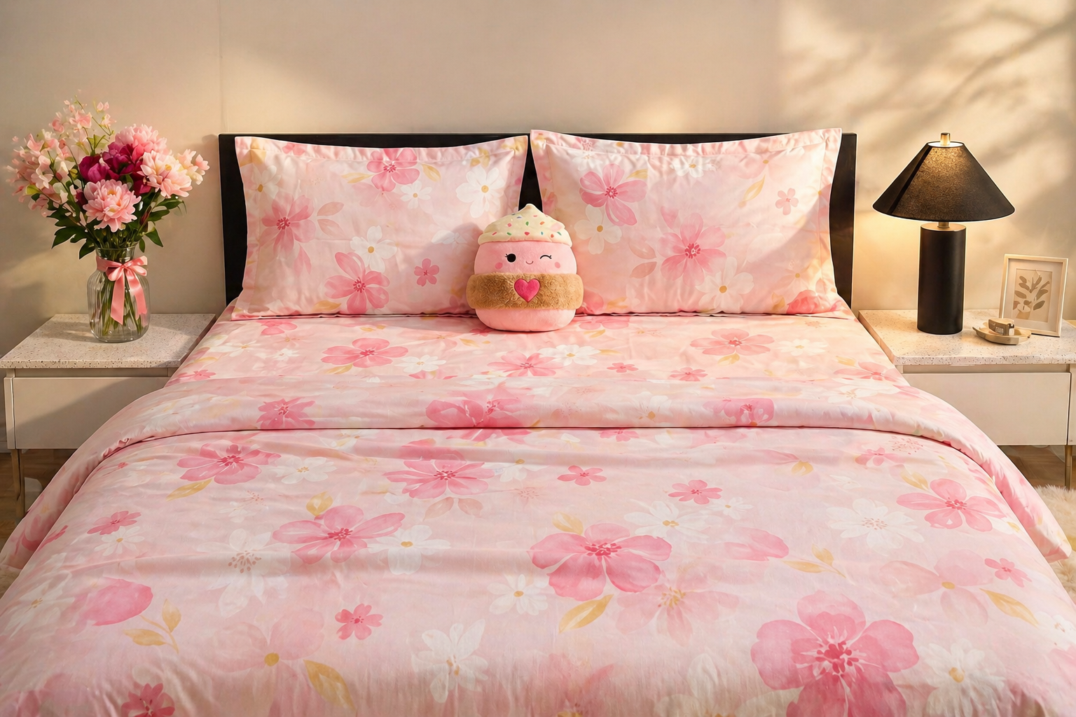 Floral Pink Cotton Queen Bedsheet Set Front | Kozi Nest Canada