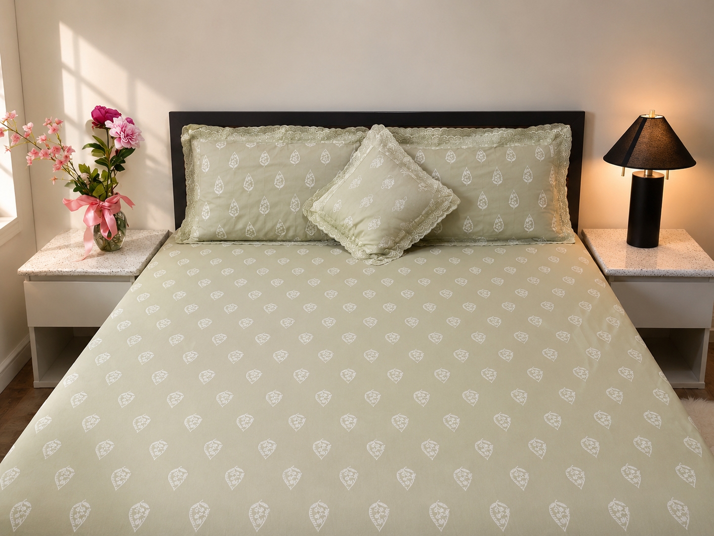 Sea green Leaf - 100% Cotton Bedsheet Set
