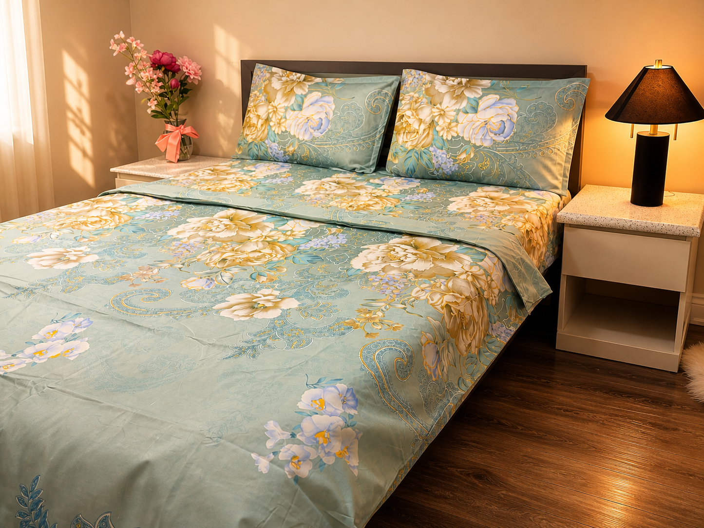 Floral bedspread on a bed with matching pillows in a bedroom setting.