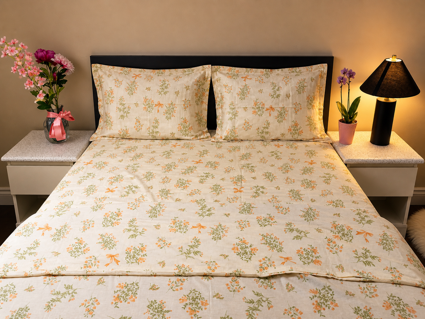 Floral bedspread on a neatly made bed with matching pillows, nightstands, and decorative elements.