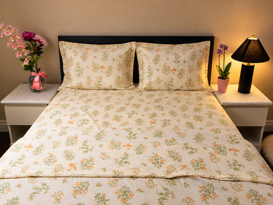 Floral bedspread on a neatly made bed with matching pillows, nightstands, and decorative elements.
